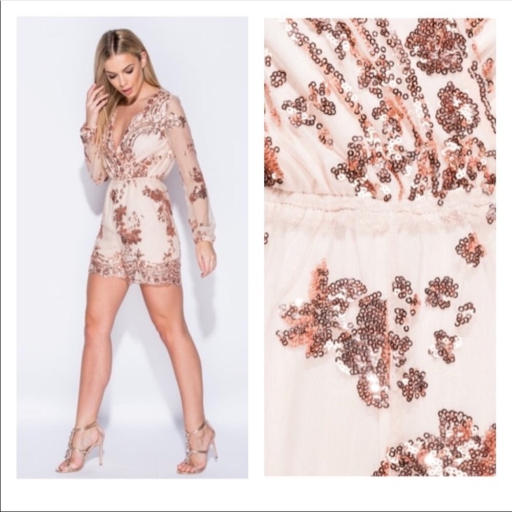 Nude Sequin Long Sleeve Romper - Picture 3 of 4